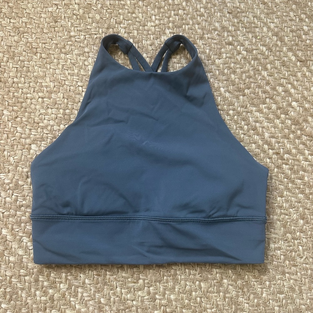 Size 4 high neck Lululemon sports bra dark blue worn one time.